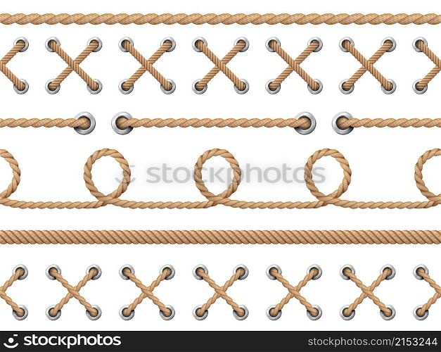 Nautical ropes seamless. Line rope design pattern, retro marine string knot borders. Endless ship cable, nautical cord recent vector elements. Illustration cable string pattern, seamless decoration. Nautical ropes seamless. Line rope design pattern, retro marine string knot borders. Endless ship cable, isolated nautical cord recent vector elements