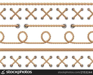 Nautical ropes seamless. Line rope design pattern, retro marine string knot borders. Endless ship cable, nautical cord recent vector elements. Illustration cable string pattern, seamless decoration. Nautical ropes seamless. Line rope design pattern, retro marine string knot borders. Endless ship cable, isolated nautical cord recent vector elements