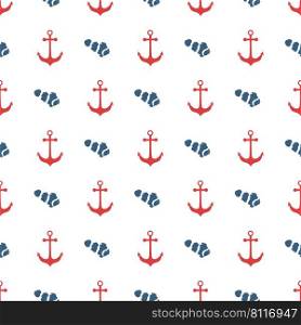 Nautical, sailing seamless pattern with red anchor and navy blue fish