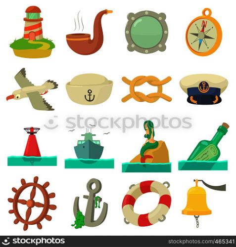 Nautical sea icons set. Cartoon illustration of 16 nautical sea vector icons for web. Nautical sea icons set, cartoon style