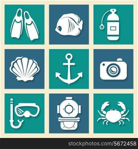 Nautical sea symbols icons set with anchor crab and underwater diving equipment silhouettes abstract isolated vector illustration