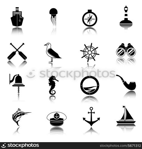 Nautical sea travel black icons set with ship compass lighthouse isolated vector illustration