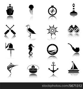 Nautical sea travel black icons set with ship compass lighthouse isolated vector illustration