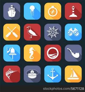 Nautical sea travel flat icons set with paddles seagull helm isolated vector illustration.