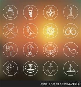 Nautical sea travel outline icons set with binoculars bell seahorse isolated vector illustration