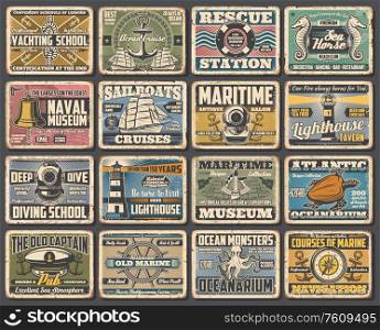 Nautical seafaring and marine vintage retro vector posters. Sea diving and yachting school, naval ships lighthouse museum and Atlantic oceanarium, marine navigation and beach lifeguard rescue station. Naval ship museum, marine seafaring retro posters
