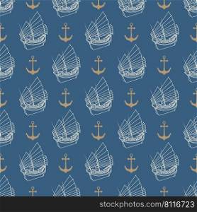 Nautical seamless pattern with anchor and sail boat on a navy blue background