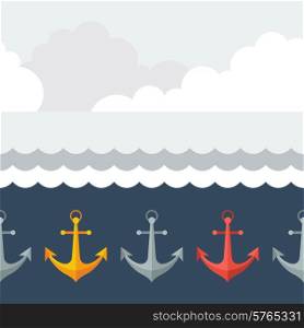 Nautical seamless pattern with anchors in flat design style.