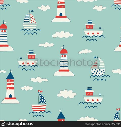Nautical seamless pattern with lighthouse, steamship and yachts. Background with towers for marine navigation. illustration for wrapping paper, fabric print, wallpaper. Sea. Ocean. Nautical seamless pattern with lighthouse, steamship and yachts. Background with towers for marine navigation. illustration for wrapping paper, fabric print, wallpaper. Sea. Ocean.