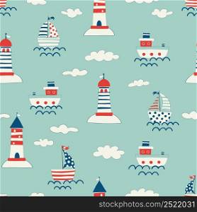 Nautical seamless pattern with lighthouse, steamship and yachts. Background with towers for marine navigation. illustration for wrapping paper, fabric print, wallpaper. Sea. Ocean. Nautical seamless pattern with lighthouse, steamship and yachts. Background with towers for marine navigation. illustration for wrapping paper, fabric print, wallpaper. Sea. Ocean.
