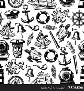 Nautical seamless pattern with marine and seafarer symbols. Vector background of sailor equipment, captain hat or smoking pipe and lighthouse, ship helm with anchor or spyglass and sextant. Marine nautical seamless pattern background