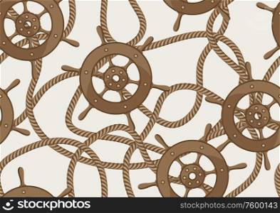 Nautical seamless pattern with ship steering wheels and ropes. Marine decorative background.. Nautical seamless pattern with ship steering wheels and ropes.
