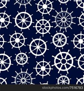 Nautical ship helms seamless pattern with white silhouettes of boat steering wheels with decorative spokes and handles over blue background. Marine theme, interior or textile design themes. Blue seamless pattern with ship helms