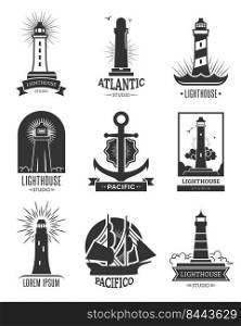 Nautical shipping logo set. Isolated monochrome illustrations of lighthouses, anchor and ship. For marine navigation emblem, sea travel, cruise label templates