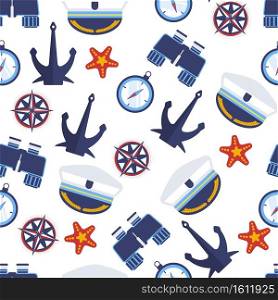 Nautical signs seamless pattern of anchor and compass, timer and captains hat, binoculars and sea star. Marine symbols, boy nursery theme. Sailing and navigation in oceans, voyages vector in flat. Marine symbols, nautical anchor and captain hat seamless pattern