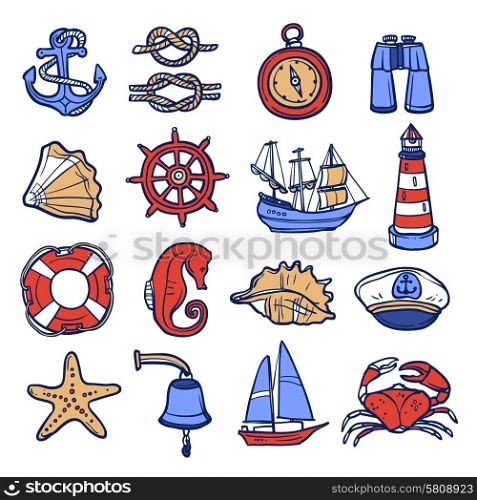 Nautical sketch decorative icon set with anchor rope compass binoculars isolated vector illustration. Nautical Icon Set