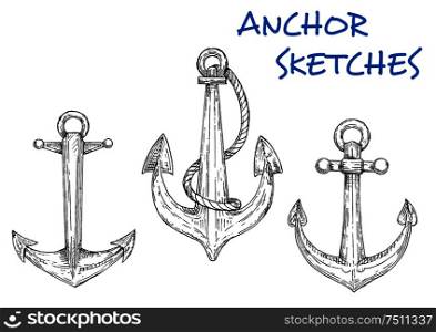 Nautical sketch of old ship anchors icons with rings and attached rope. Navy emblem, nautical heraldry symbol or vintage embellishment design usage. Sketch of vintage nautical anchors with rope
