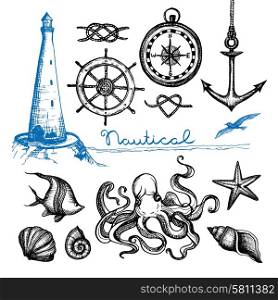 Nautical symbols and sea life hand drawn set isolated vector illustration. Nautical Hand Drawn Set