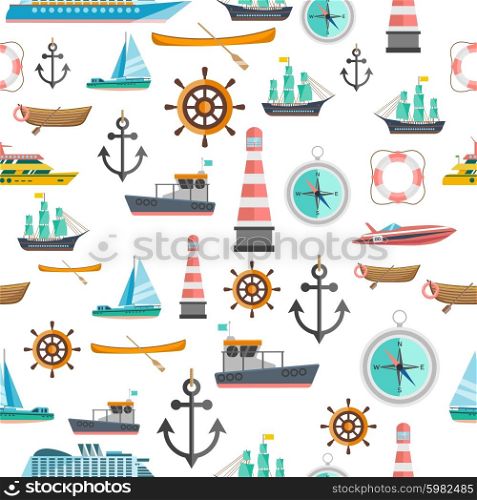Nautical symbols vintage icons seamless tileable pattern with beacon anchor compass and sailboats abstract isolated vector illustration. Nautical symbols vintage seamless pattern