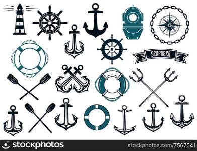 Nautical themed design elements with lighthouse, rope, anchor, paddle, life buoy, trident, steering wheel and diving helmet. Various Nautical Themed Graphics