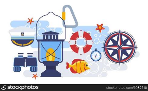 Nautical themed elements, marine signs, lantern with light, binoculars and equipment for vessel and navigation. Lifebuoy and timer, cap of uniform. Floating fish underwater. Vector in flat style. Marine and nautical compass, cap and lifebuoy