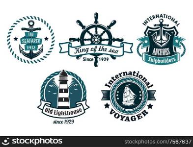 Nautical themed vector emblems or badges with various text depicting a ships anchor, lighthouse, wheel, tall sailing ship with rope borders, banners and a shield, blue on white