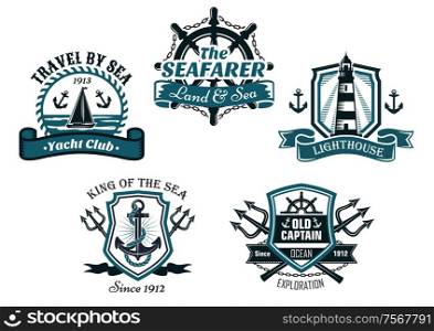 Nautical various heraldic emblem and symbols designs with travel by sea, yacht club, seafarer, lighthouse, king of the sea and old captain badge elements