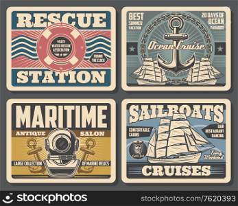 Nautical vintage posters, marine adventure and water swimmer rescue station. Vector marine relics antique salon, sailboat ocean cruises and summer vacations, aqualung with ship anchor and lifebuoy. Marine antique salon, sailboat ocean cruises