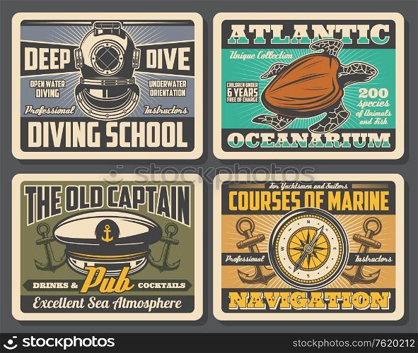 Nautical vintage posters with marine anchor and compass symbols. Vector ocean adventure aqualung diving school, underwater oceanarium journey and captain pub or ship sail navigation courses. Diving school, oceanarium nautical adventure