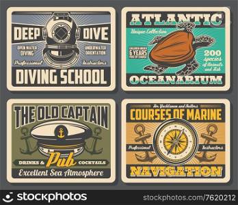 Nautical vintage posters with marine anchor and compass symbols. Vector ocean adventure aqualung diving school, underwater oceanarium journey and captain pub or ship sail navigation courses. Diving school, oceanarium nautical adventure