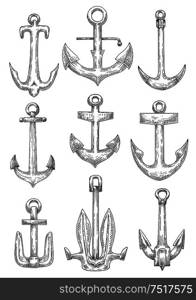 Naval anchorage devices isolated sketch icons of fisherman anchors with tiny flukes, admiralty anchors with curved arms and navy stockless anchors with raised broad flukes. Nautical anchors for naval ships and boats design