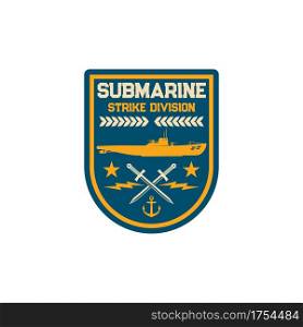 Naval strike division submarine maritime special squad isolated army chevron. Vector patch on uniform with sub boat, crossed swords, anchor, thunders and stars. Navy marine forces officer chevron. Submarine strike maritime force patch army chevron