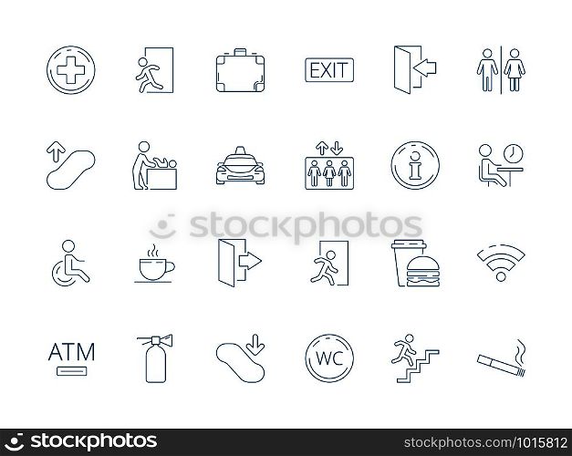 Navigate symbols. Public pictogram of restaurant place elevator washroom restroom toilet wifi vector icon collection. Navigate airport, luggage and swaddle, extinguisher and wc illustration. Navigate symbols. Public pictogram of restaurant place elevator washroom restroom toilet wifi vector icon collection