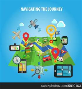 Navigating The Journey Concept . Navigation and location in journey and travel map with landmarks and flags flat color concept vector illustration