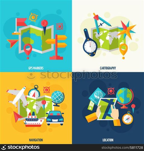 Navigation And Location Flat Icon Set. Gps navigation location cartography and geography tools accessories and symbol flat icon set isolated vector illustration