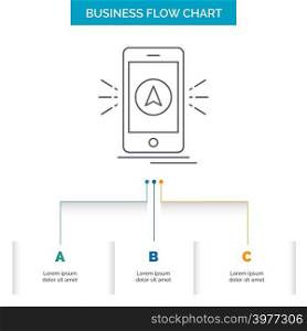 navigation, app, camping, gps, location Business Flow Chart Design with 3 Steps. Line Icon For Presentation Background Template Place for text