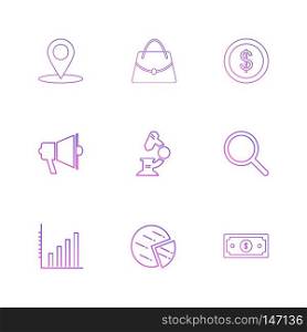 navigation , bag , speaker , coin , dollar , graph , pie chart , money , icon, vector, design,  flat,  collection, style, creative,  icons