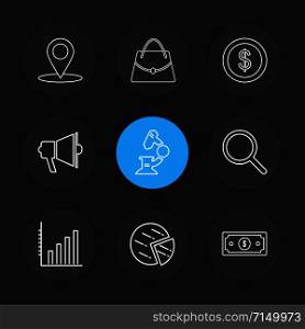 navigation , bag , speaker , coin , dollar , graph , pie chart , money , icon, vector, design, flat, collection, style, creative, icons