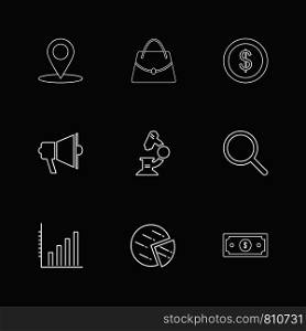 navigation , bag , speaker , coin , dollar , graph , pie chart , money , icon, vector, design, flat, collection, style, creative, icons