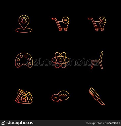navigation , cart , paint, nuclear , chair, axe , chat, cutter , icon, vector, design, flat, collection, style, creative, icons