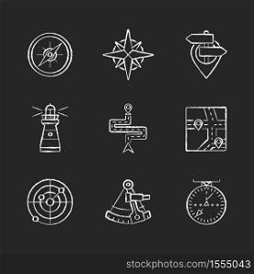 Navigation chalk white icons set on black background. Geographical location positioning, cartography. Marine, aeronautic, celestial and land navigation. Isolated vector chalkboard illustrations. Navigation chalk white icons set on black background