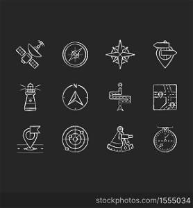 Navigation chalk white icons set on black background. Land, marine and aeronautical navigating. Different geographical positioning signs, maps and pointers. Isolated vector chalkboard illustrations. Navigation chalk white icons set on black background