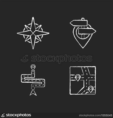 Navigation chalk white icons set on black background. Modern land and marine navigation. Rose of winds, location pointer, route navigator and GPS map. Isolated vector chalkboard illustrations. Navigation chalk white icons set on black background