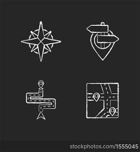Navigation chalk white icons set on black background. Modern land and marine navigation. Rose of winds, location pointer, route navigator and GPS map. Isolated vector chalkboard illustrations. Navigation chalk white icons set on black background