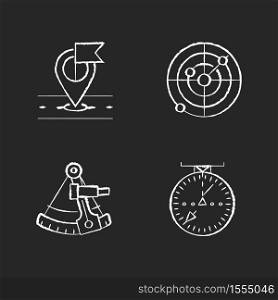 Navigation chalk white icons set on black background. Navigation in sea, sky and on land. GPS location, astronomical sextant, marine and aeronautical radar. Isolated vector chalkboard illustrations. Navigation chalk white icons set on black background