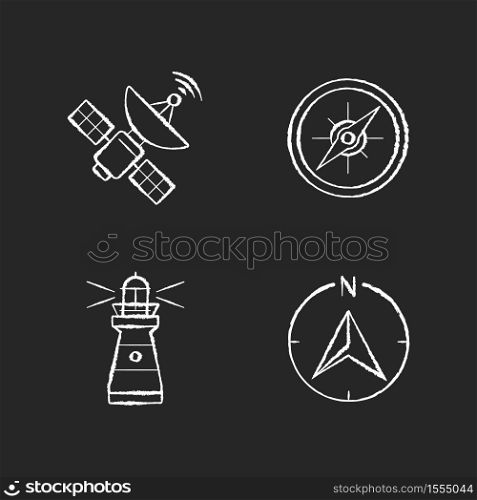 Navigation chalk white icons set on black background. Sea navigation and radiolocation. Space satellite, marine compass, lighthouse and navigator arrow. Isolated vector chalkboard illustrations. Navigation chalk white icons set on black background