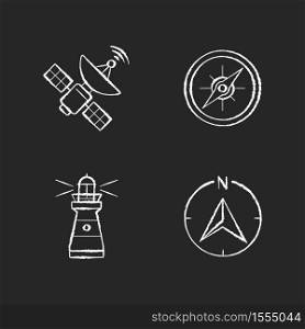 Navigation chalk white icons set on black background. Sea navigation and radiolocation. Space satellite, marine compass, lighthouse and navigator arrow. Isolated vector chalkboard illustrations. Navigation chalk white icons set on black background