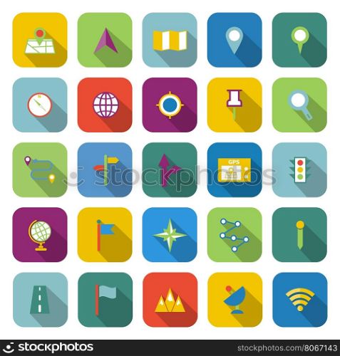 Navigation color icons with long shadow, stock vector