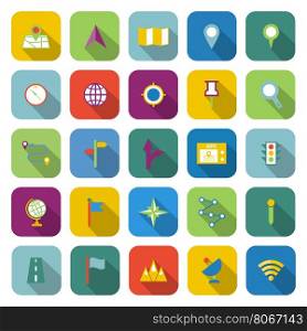 Navigation color icons with long shadow, stock vector