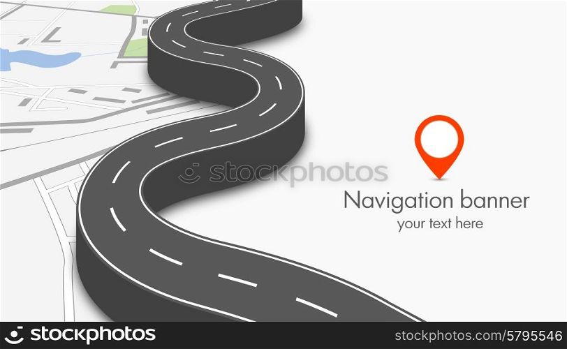 Navigation concept banner with city map and 3d road. navigation concept